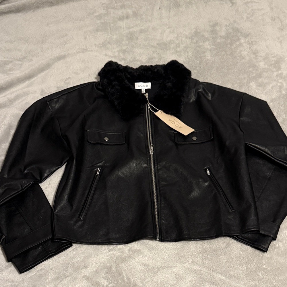 ACOA Black Leather Jacket with Faux Fur Collar